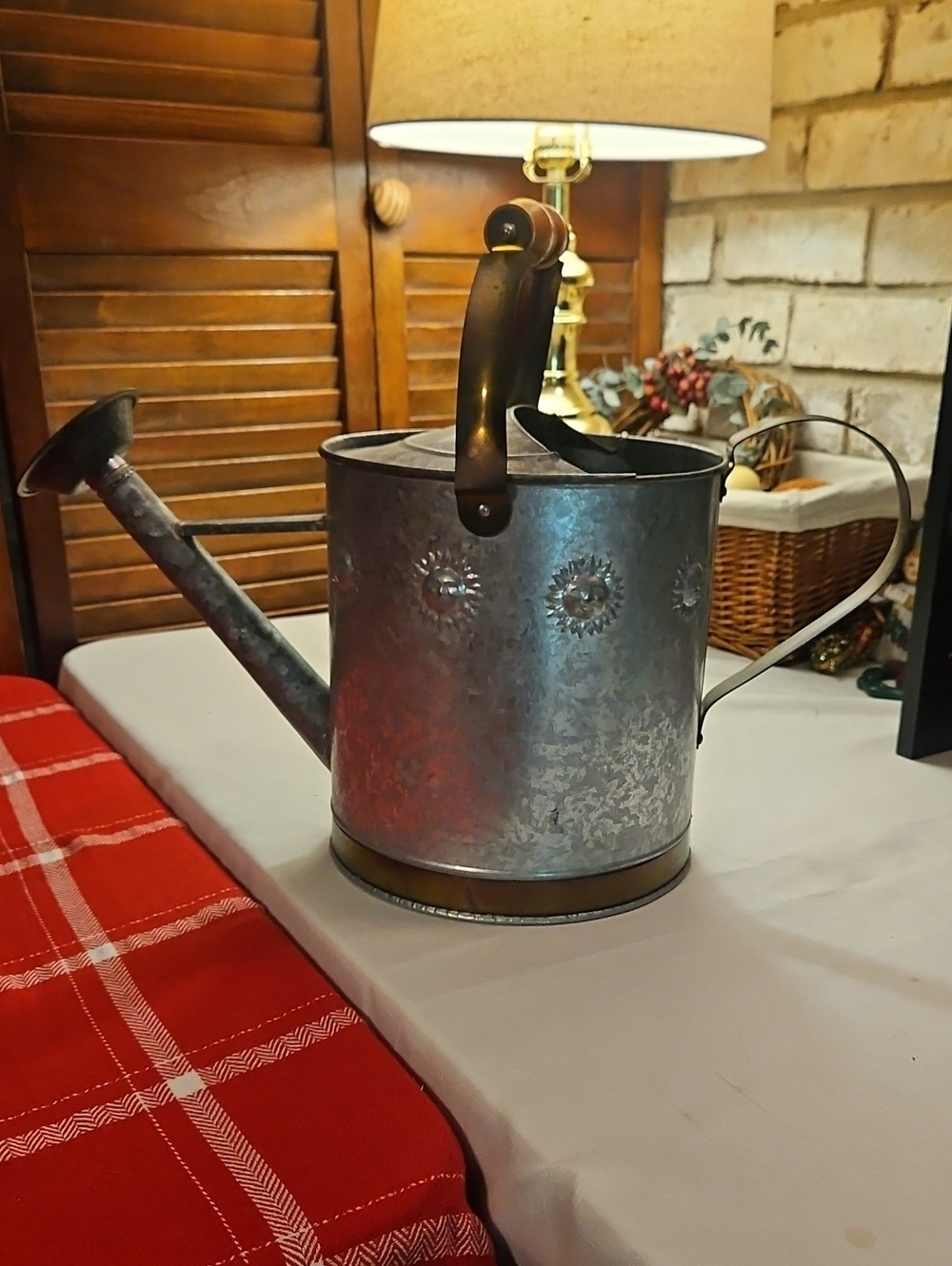 Galvanized Metal/Brass Watering Can with Sunburst Detail, Wood Handle. 15hx19w